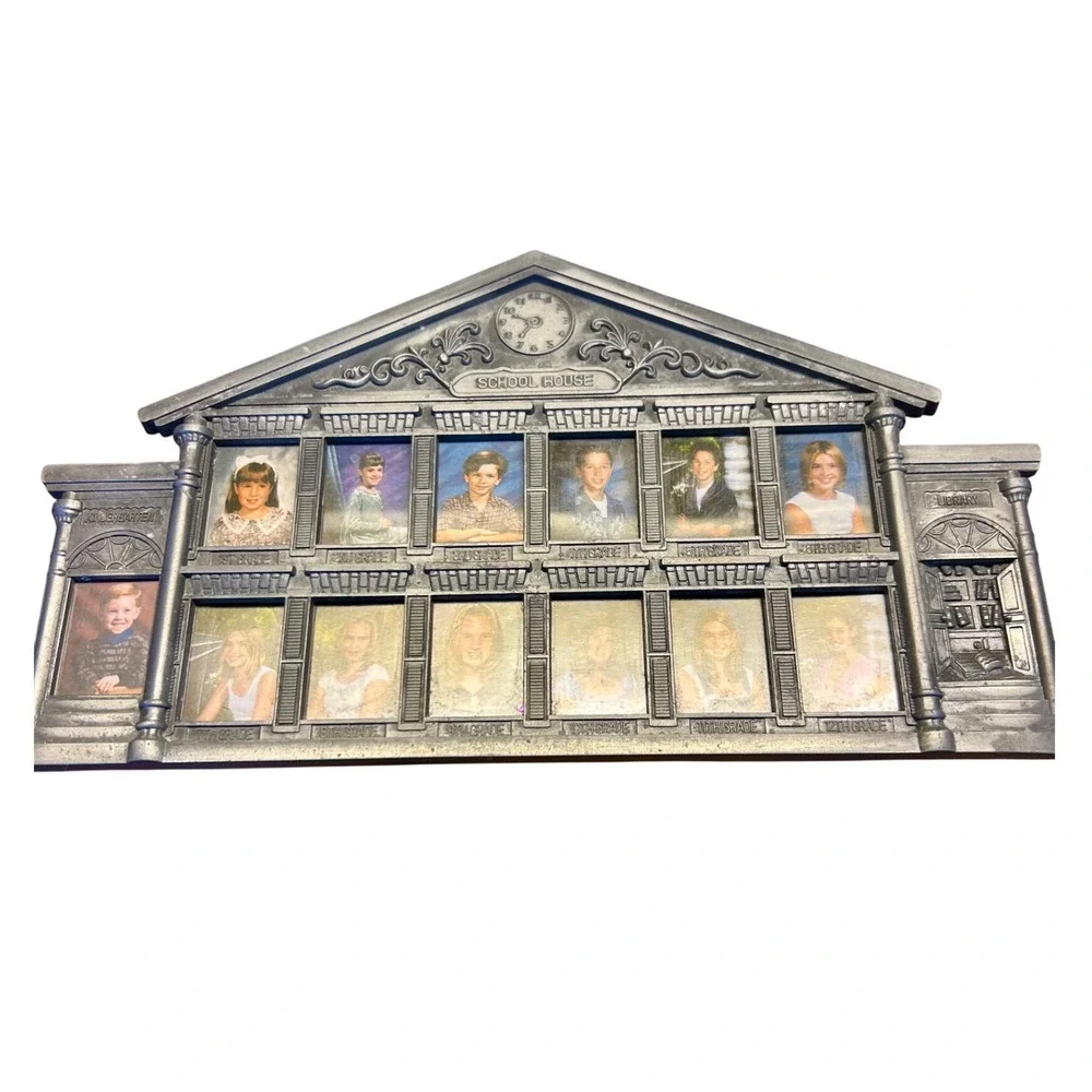 School House Vintage Picture Frame Silver Pewter Tone School Years Good